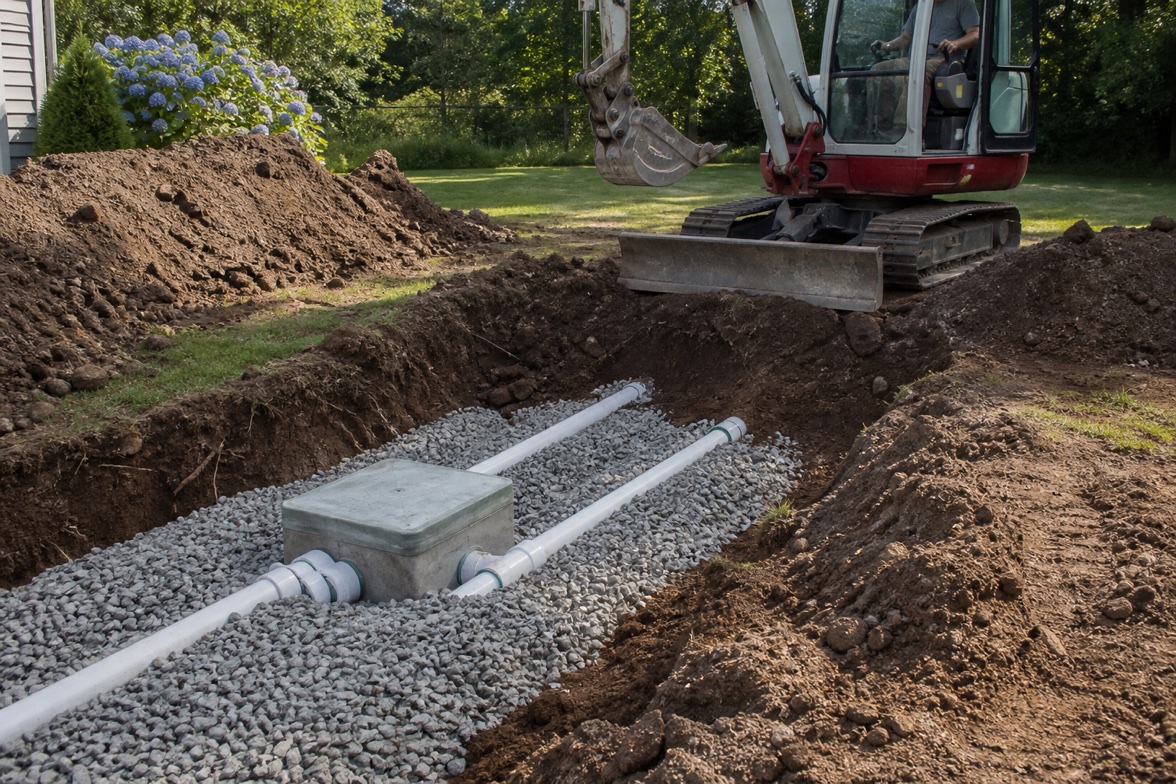 Residential septic distribution box and perforated lines set in stone beside a compact excavator.