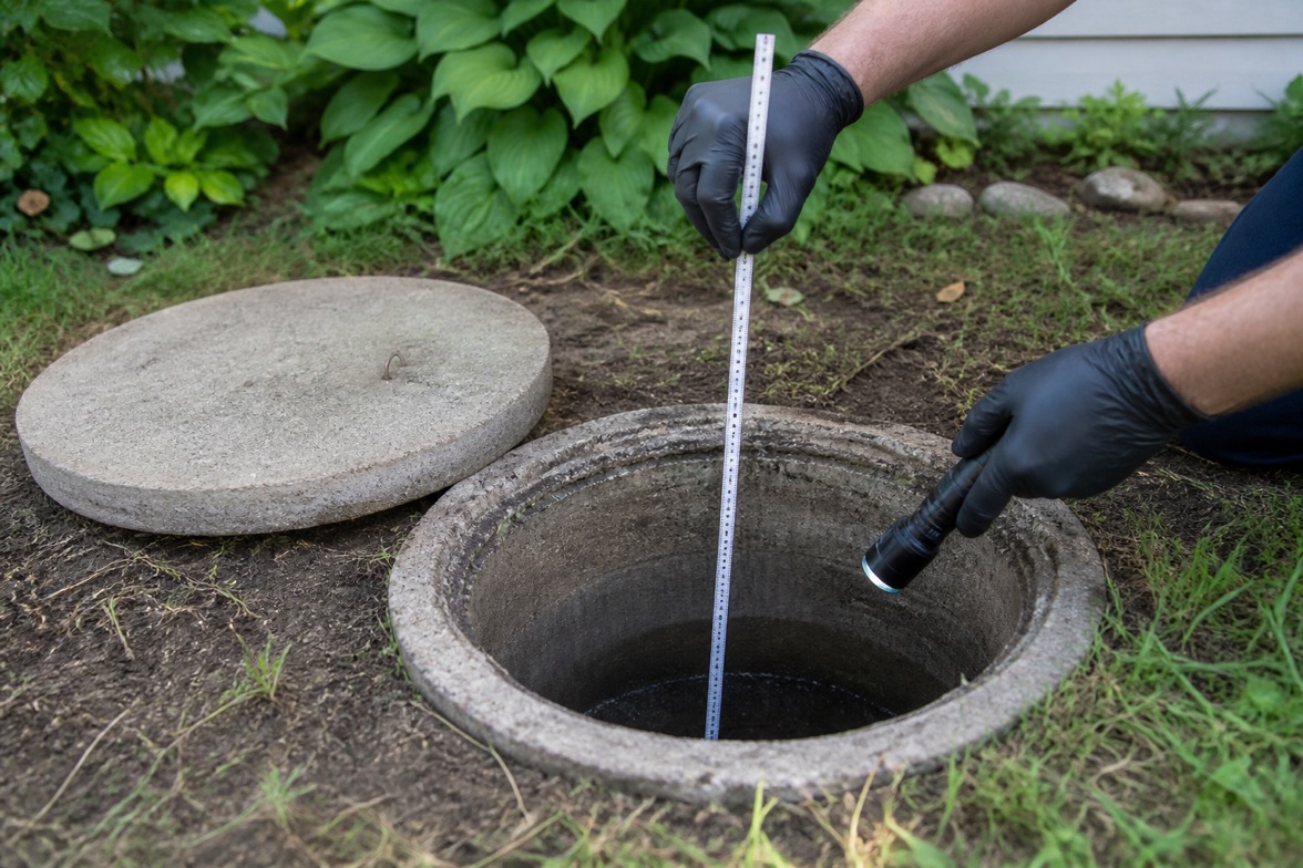 Gloved hands using a measuring stick and flashlight at an opened residential septic tank access.